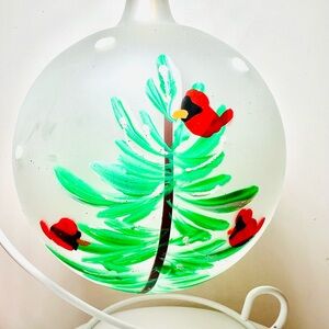 Christmas Italian Glass Ball Ornament Green Trees & Red Cardinals Hand Painted